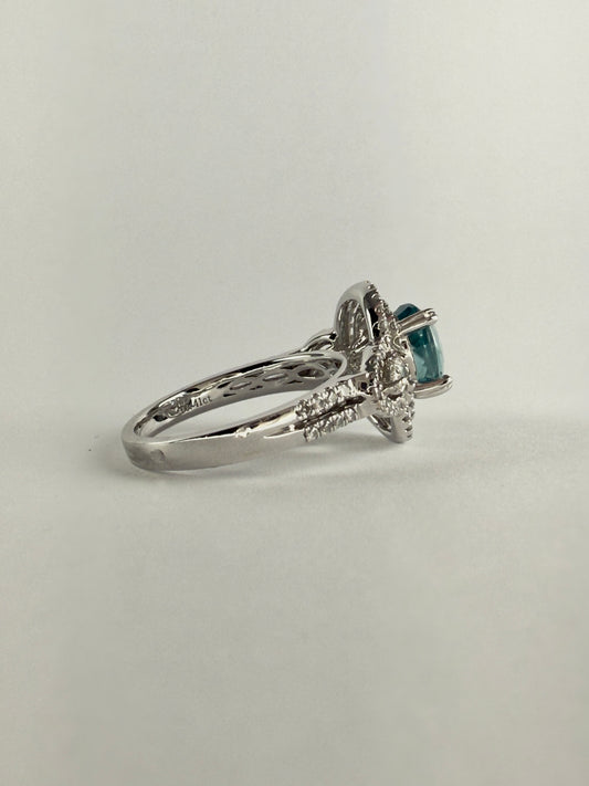 White Gold Blue Zircon and Diamond Ring