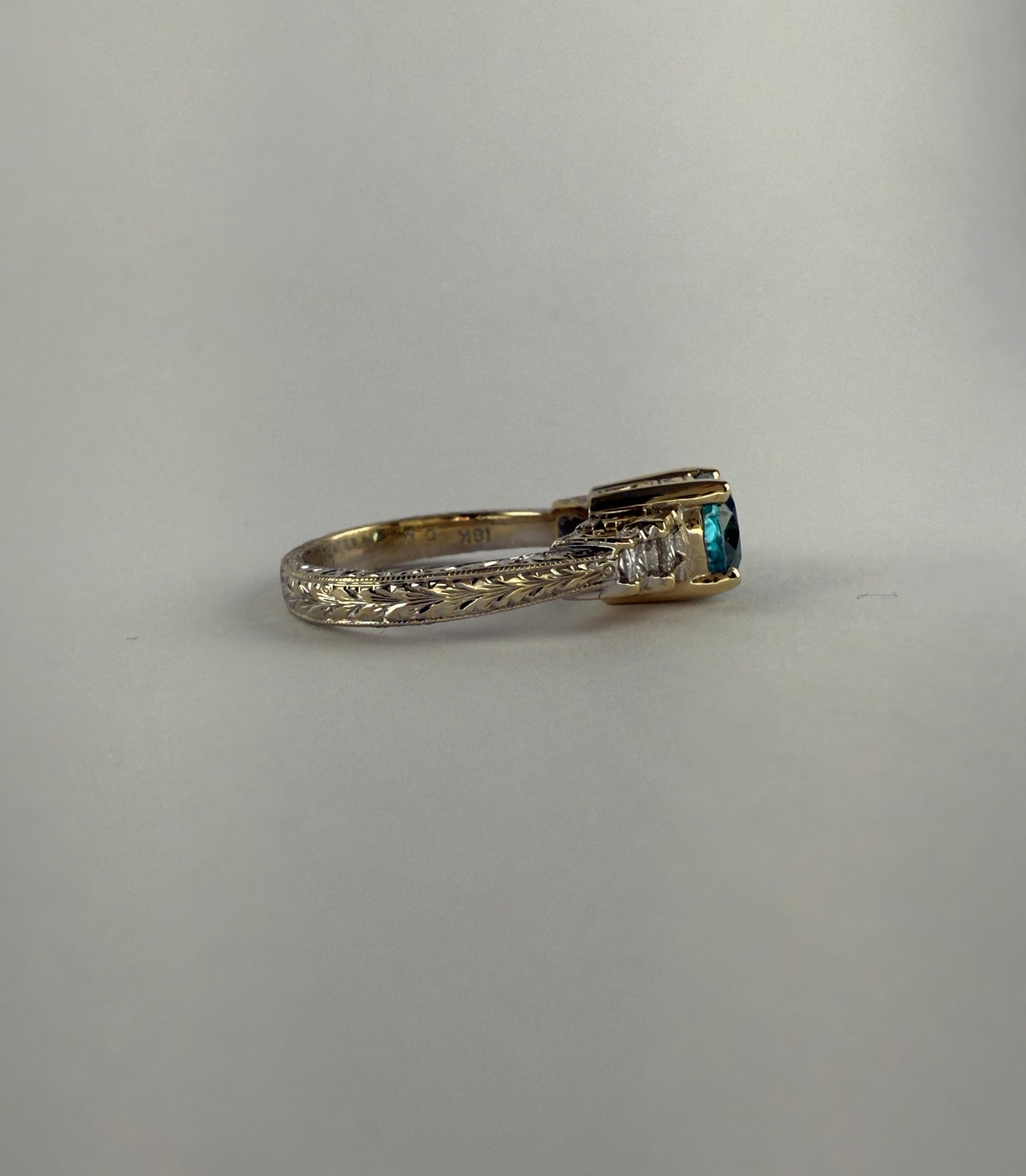 White and Yellow Gold Blue Zircon Diamond Ring