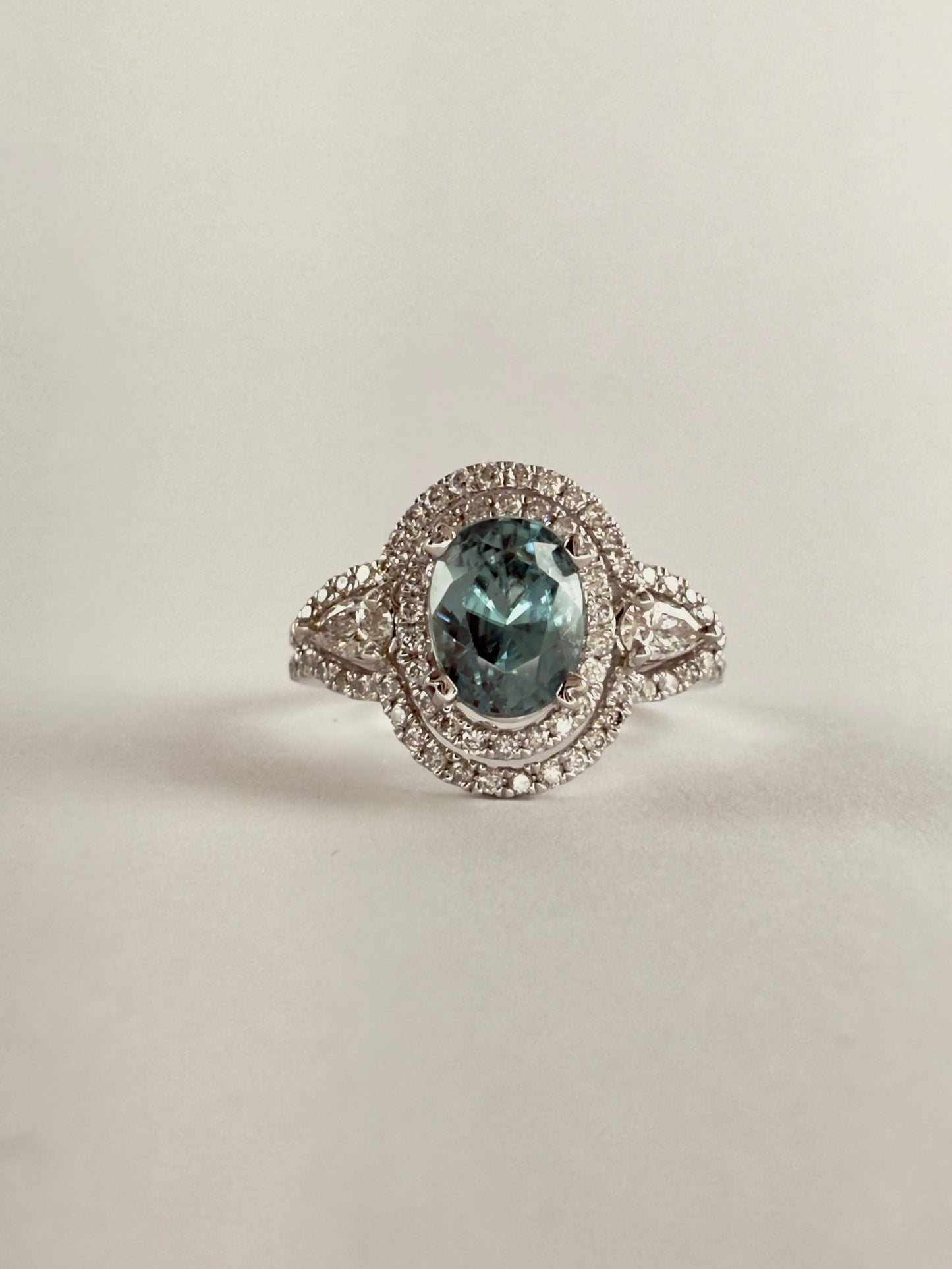White Gold Blue Zircon and Diamond Ring