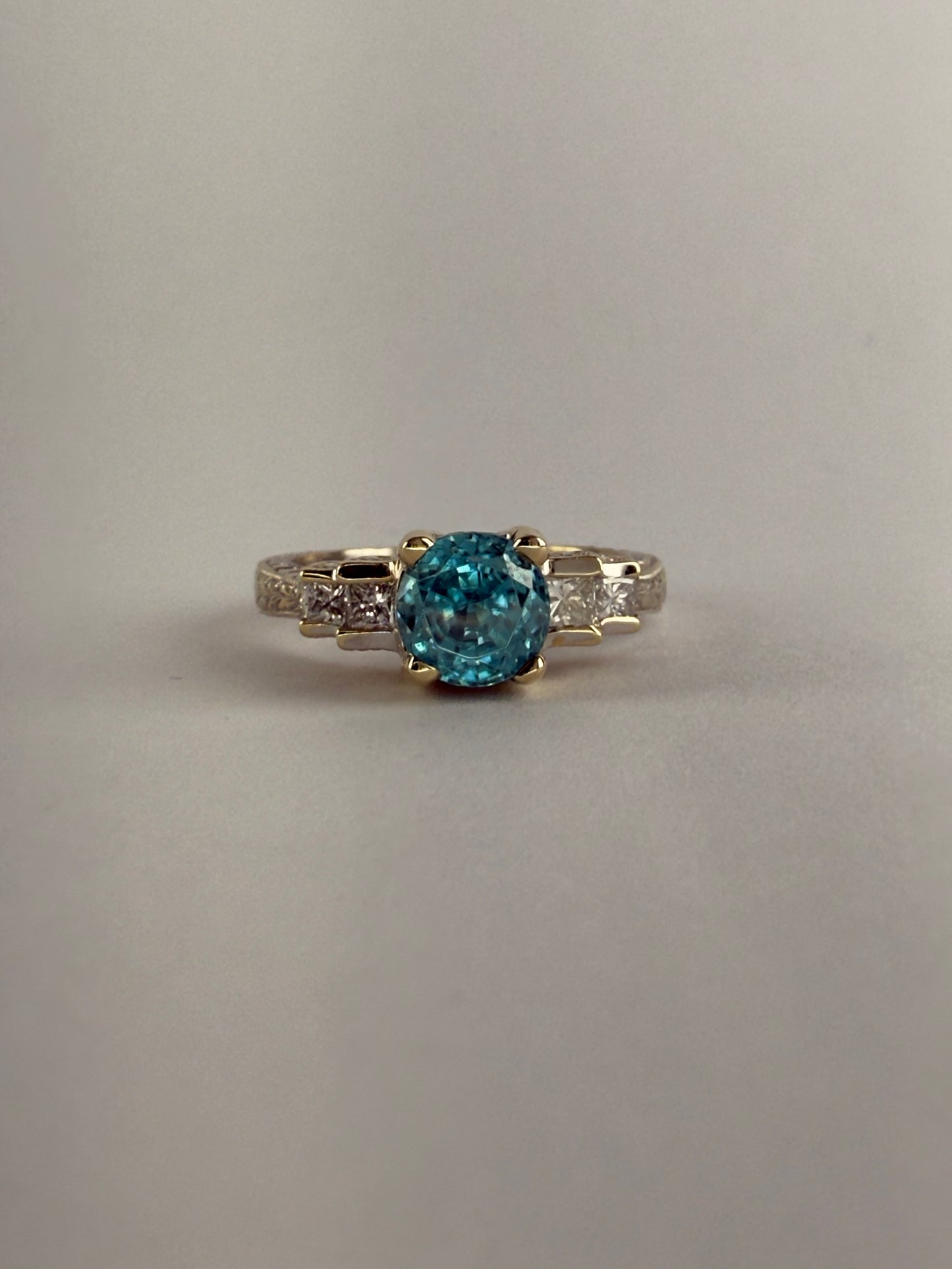 White and Yellow Gold Blue Zircon Diamond Ring