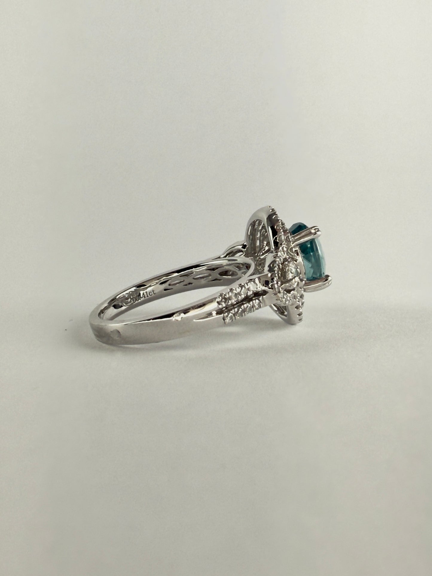 White Gold Blue Zircon and Diamond Ring