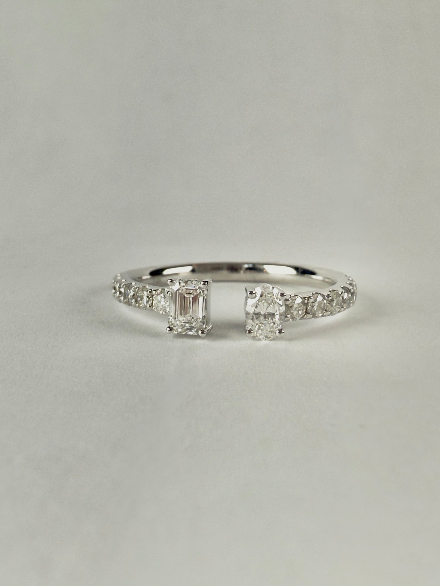 Emerald Cut Diamond and Oval Cut Diamond Open Ring