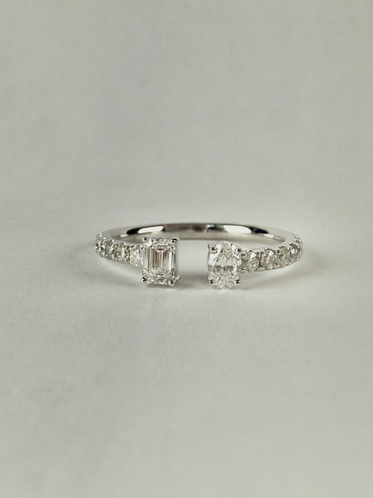 Emerald Cut Diamond and Oval Cut Diamond Open Ring