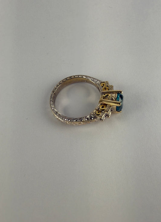 White and Yellow Gold Blue Zircon Diamond Ring